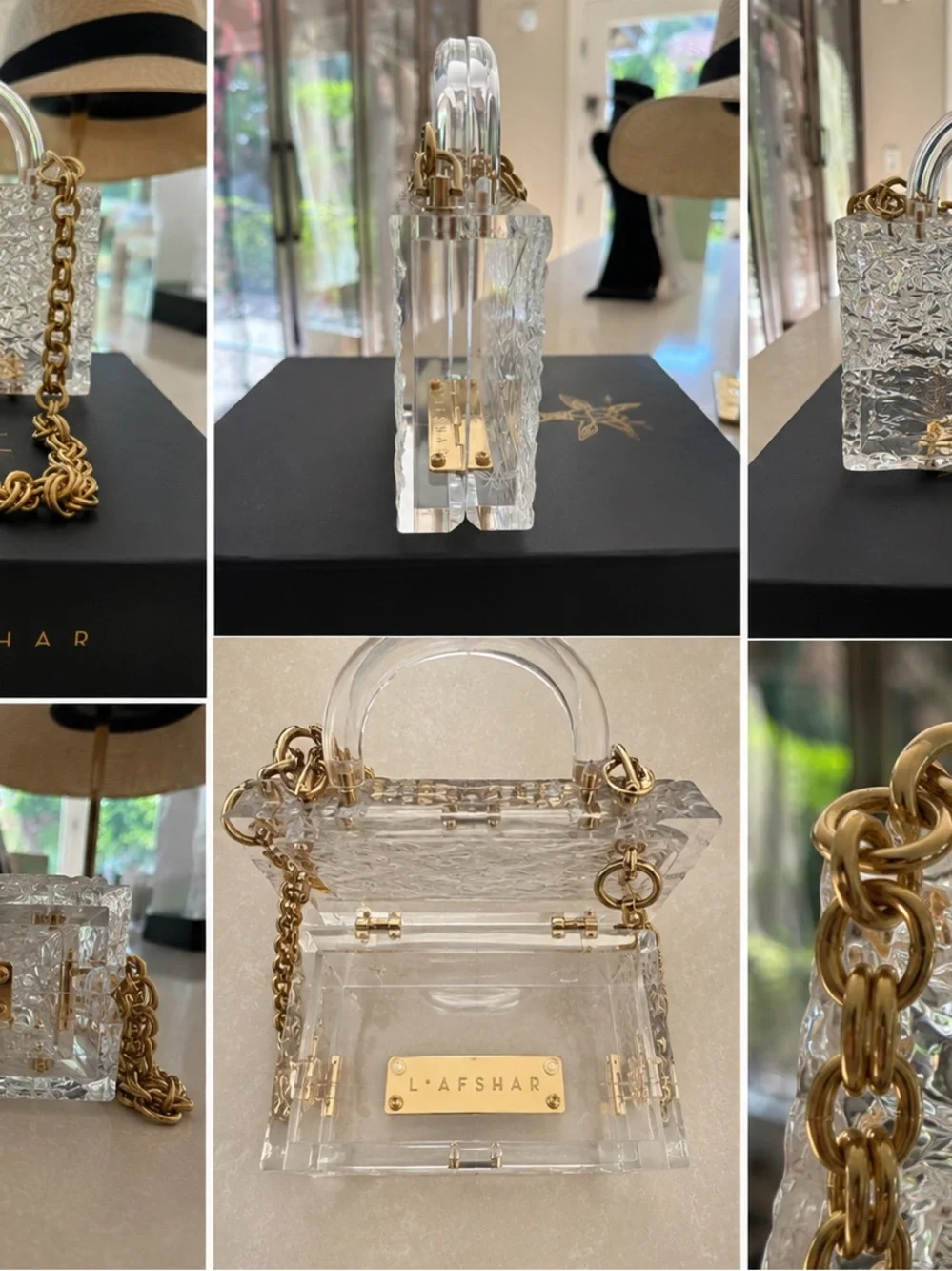 Lafshar Clear Acrylic Mini Top-Handle Bag with Gold Chain